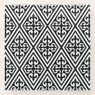Medieval Cross Damask - Black and White Glass Coaster