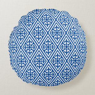 Medieval Cross Damask - Cobalt Blue and White Round Pillow