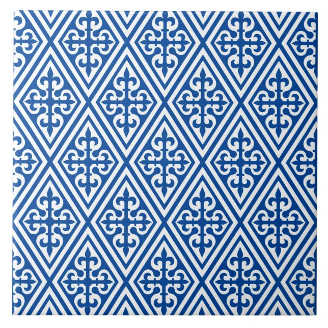 Medieval Cross Damask - Cobalt Blue and White Tile (Front)