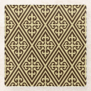 Medieval Cross Damask - Dark Brown and Tan Glass Coaster