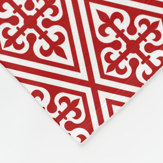 Medieval Cross Damask - Deep Red and White Fleece Blanket (Corner)