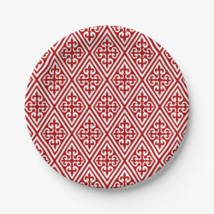 Medieval Cross Damask - Deep Red and White Paper Plate