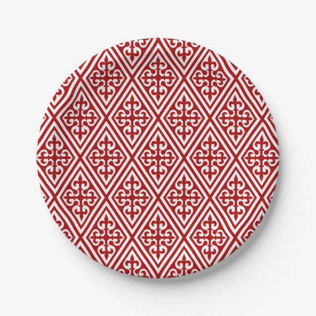 Medieval Cross Damask - Deep Red and White Paper Plate (Front)