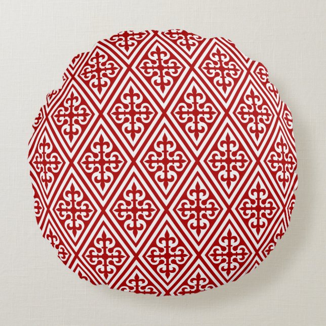 Medieval Cross Damask - Deep Red and White Round Pillow (Front)