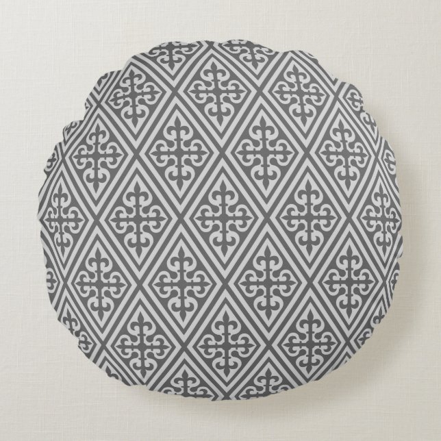 Medieval Cross Damask - Silver Grey / Grey Round Pillow (Front)