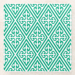 Medieval Cross Damask - Turquoise and White Glass Coaster