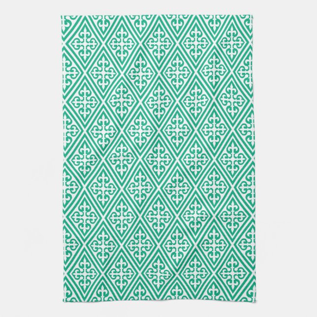 Medieval Cross Damask - Turquoise and White Kitchen Towel (Vertical)