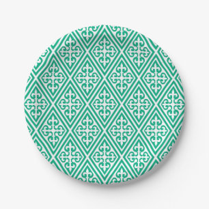 Medieval Cross Damask - Turquoise and White Paper Plate