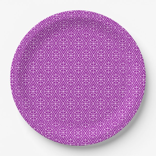 Medieval Damask Diamonds, amethyst purple Paper Plate (Front)
