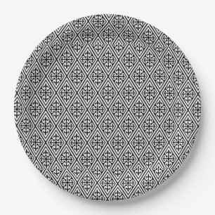 Medieval Damask Diamonds, black and white Paper Plate