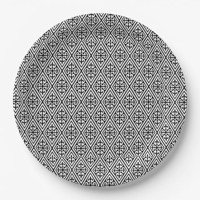 Medieval Damask Diamonds, black and white Paper Plate (Front)