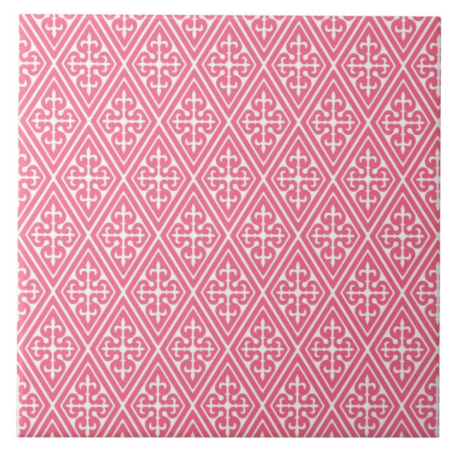 Medieval Damask Diamonds, coral pink & white Tile (Front)