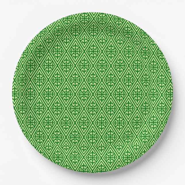 Medieval Damask Diamonds, dark pine green Paper Plate (Front)
