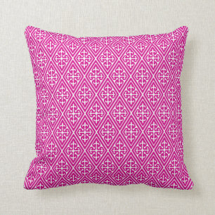 Medieval Damask Diamonds, magenta and white Throw Pillow