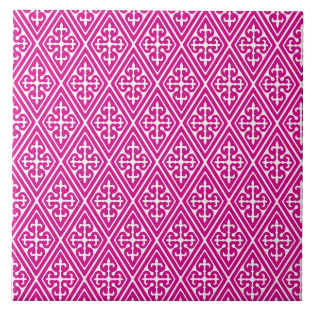 Medieval Damask Diamonds, magenta and white Tile (Front)