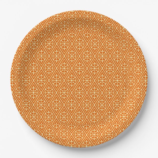 Medieval Damask Diamonds, mandarin orange Paper Plate (Front)