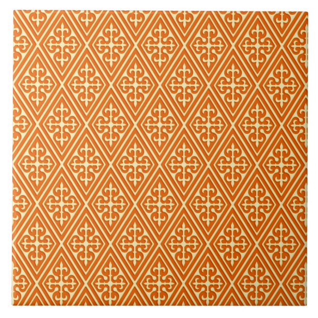 Medieval Damask Diamonds, mandarin orange Tile (Front)
