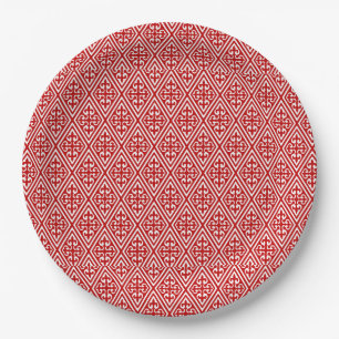 Medieval Damask Diamonds, red and white Paper Plate