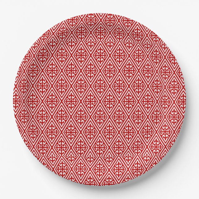 Medieval Damask Diamonds, red and white Paper Plate (Front)