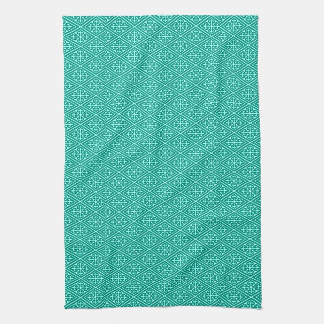 Medieval Damask Diamonds, turquoise and aqua Kitchen Towel (Vertical)