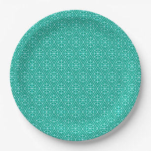 Medieval Damask Diamonds, turquoise and aqua Paper Plate