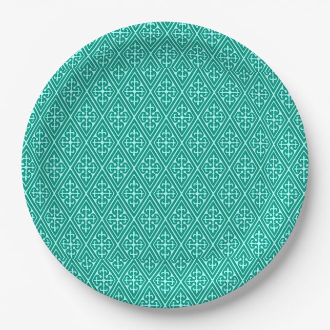 Medieval Damask Diamonds, turquoise and aqua Paper Plate (Front)