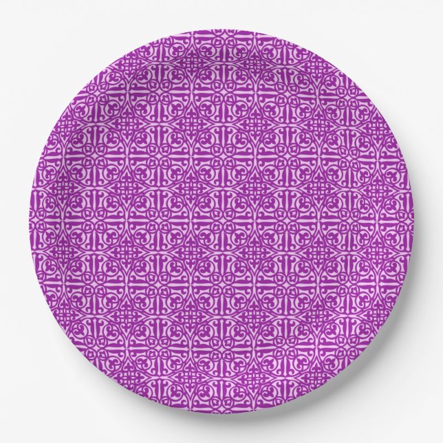 Medieval Damask Fleur-de-lis, amethyst purple Paper Plate (Front)