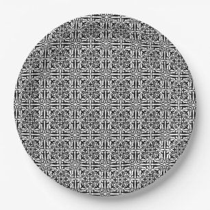 Medieval Damask Fleur-de-lis, black and white Paper Plate