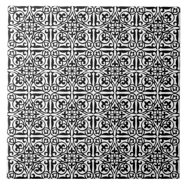 Medieval Damask Fleur-de-lis, black and white Tile (Front)