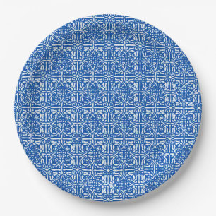 Medieval Damask Fleur-de-lis, cobalt blue Paper Plate