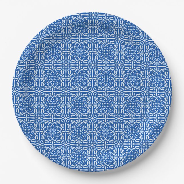 Medieval Damask Fleur-de-lis, cobalt blue Paper Plate (Front)