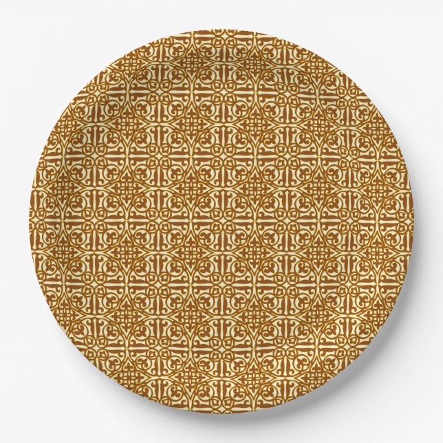 Medieval Damask Fleur-de-lis, copper and cream Paper Plate (Front)