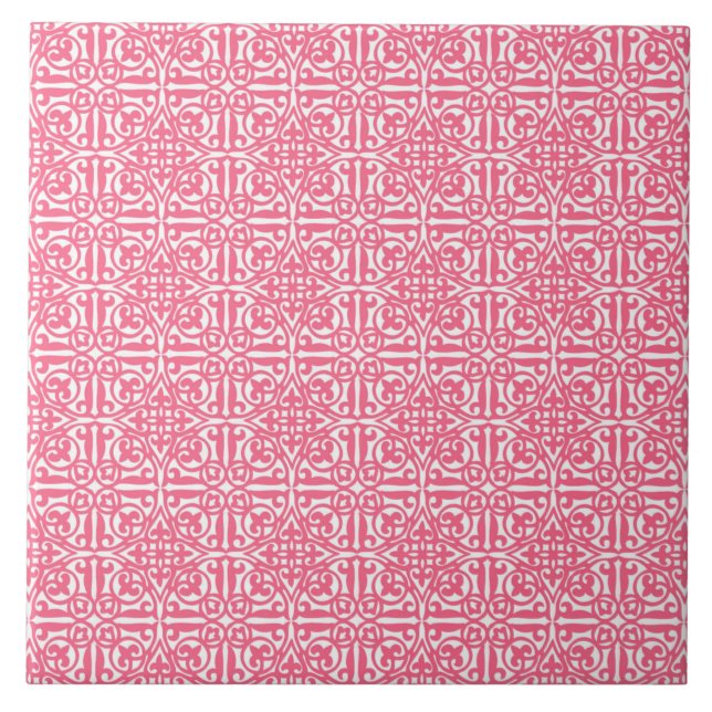 Medieval Damask Fleur-de-lis, coral pink & white Tile (Front)