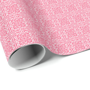 Medieval Damask Fleur-de-lis, coral pink & white Wrapping Paper