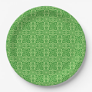Medieval Damask Fleur-de-lis, dark pine green Paper Plate