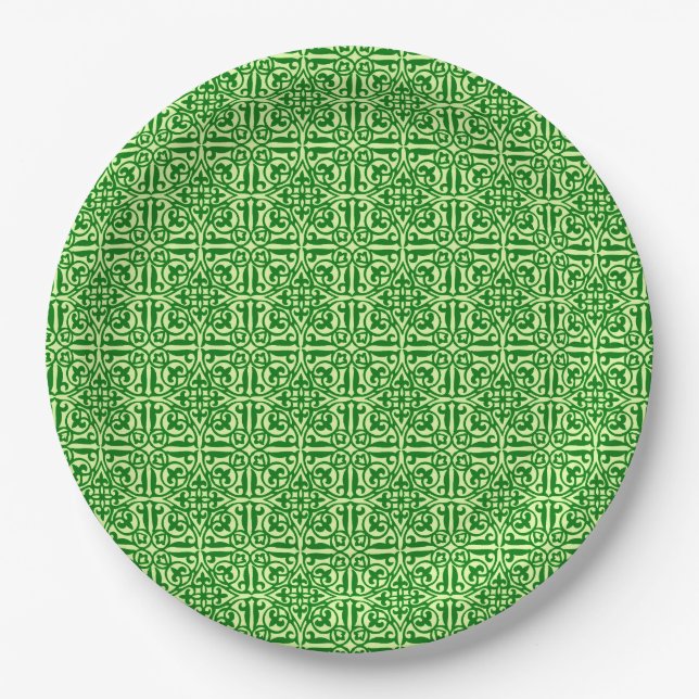 Medieval Damask Fleur-de-lis, dark pine green Paper Plate (Front)