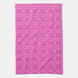 Medieval Damask Fleur-de-lis, magenta and white Kitchen Towel
