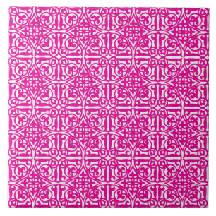 Medieval Damask Fleur-de-lis, magenta and white Tile