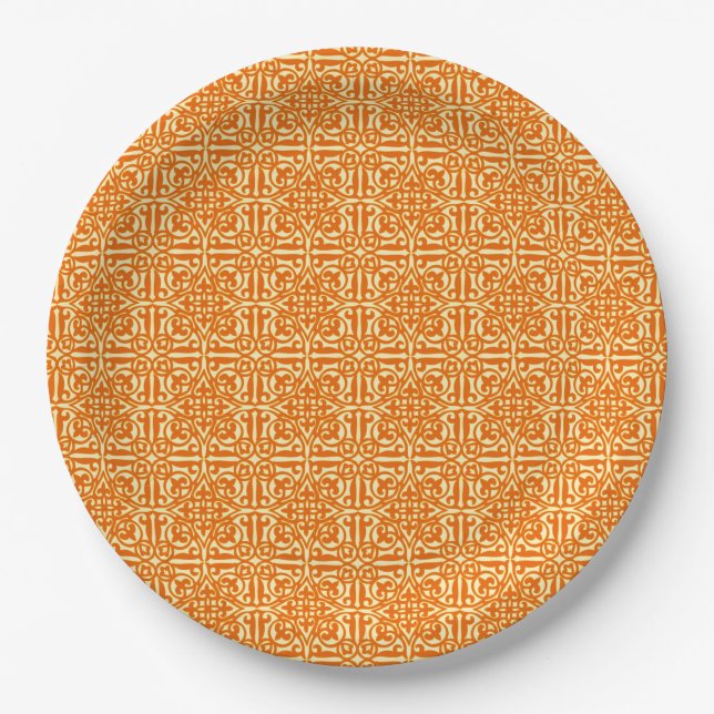 Medieval Damask Fleur-de-lis, mandarin orange Paper Plate (Front)