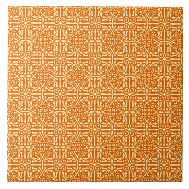 Medieval Damask Fleur-de-lis, mandarin orange Tile (Front)