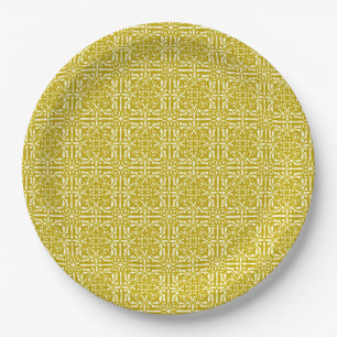 Medieval Damask Fleur-de-lis, mustard gold Paper Plate