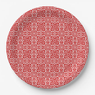 Medieval Damask Fleur-de-lis, red and white Paper Plate