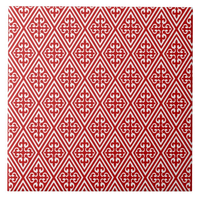 Medieval Damask Fleur-de-lis, red and white Tile (Front)