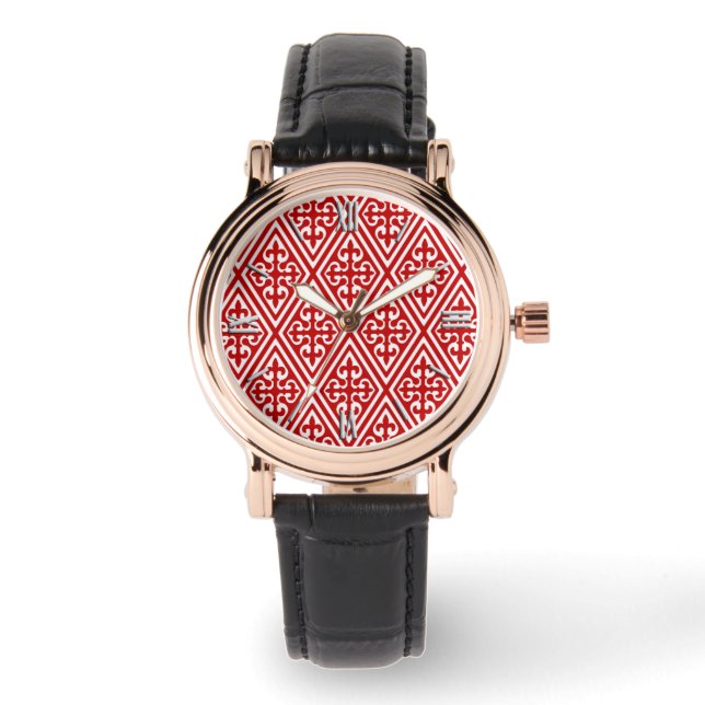 Medieval Damask Fleur-de-lis, red and white Watch (Front)