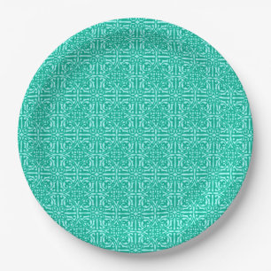 Medieval Damask Fleur-de-lis, turquoise & aqua Paper Plate