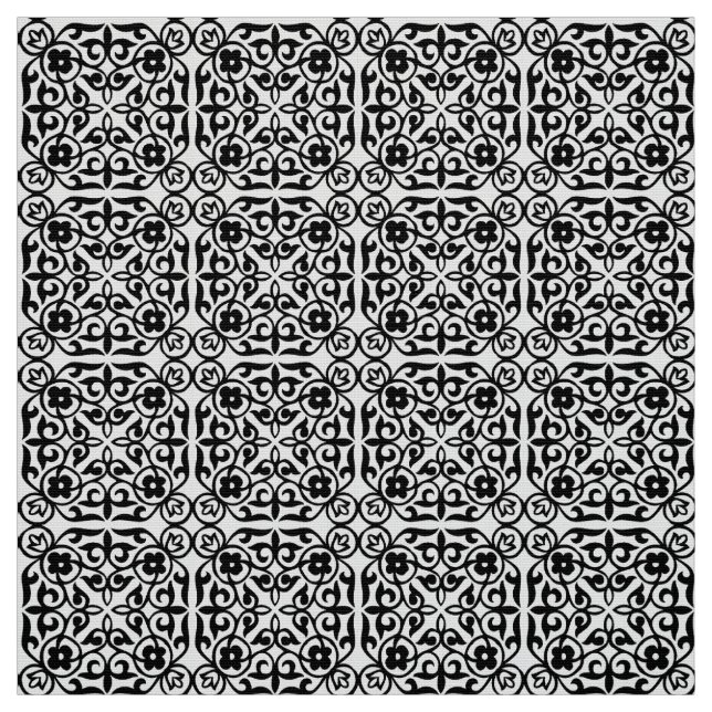 Medieval Damask pattern, black and white Fabric (Swatch)