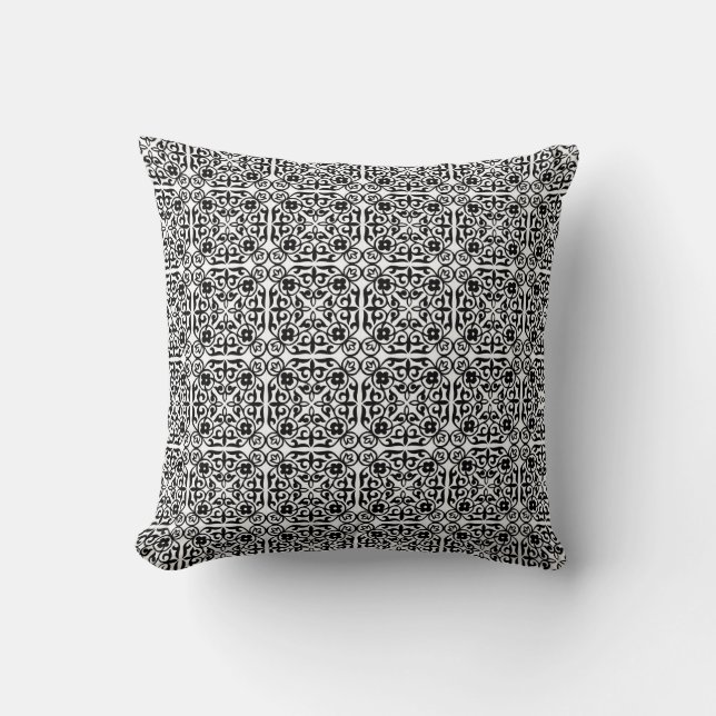 Medieval Damask pattern, black and white Throw Pillow (Front)
