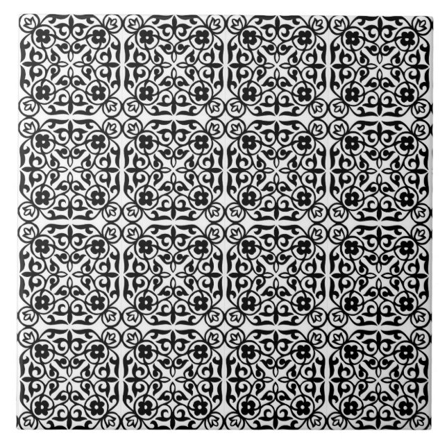 Medieval Damask pattern, black and white Tile (Front)