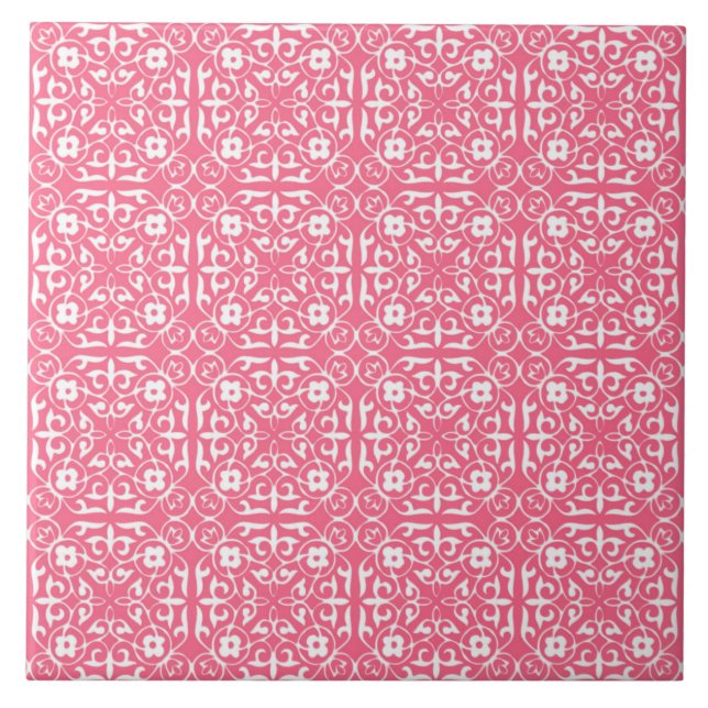 Medieval Damask pattern, coral pink & white Tile (Front)