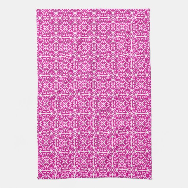Medieval Damask pattern, magenta and white Kitchen Towel (Vertical)